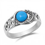 Sterling Silver Round Turquoise Stone with Leaf and Flower Vine Design Fancy Band RingAnd Face Height of 10MM