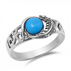 Sterling Silver Round Turquoise Stone with Leaf and Flower Vine Design Fancy Band RingAnd Face Height of 10MM