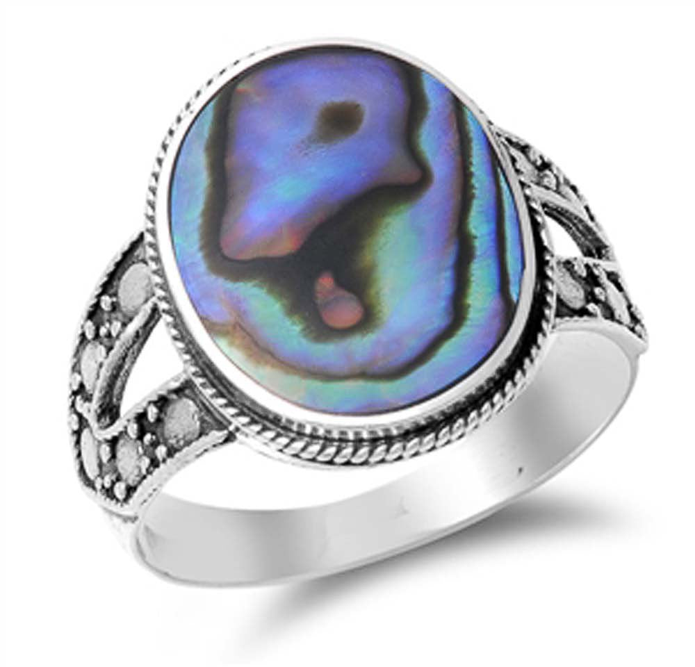 Sterling Silver Fancy Split Band Ring with Multi Rock Design and Centered Abalone ShellAnd Face Height of 18MM