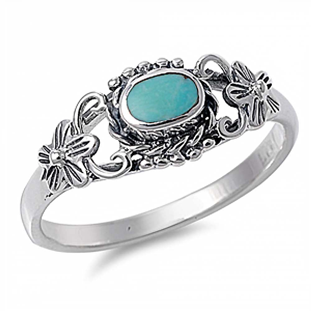 Sterling Silver Fancy Flowers Design with Turquoise Stone RingAnd Face Height of 8MM
