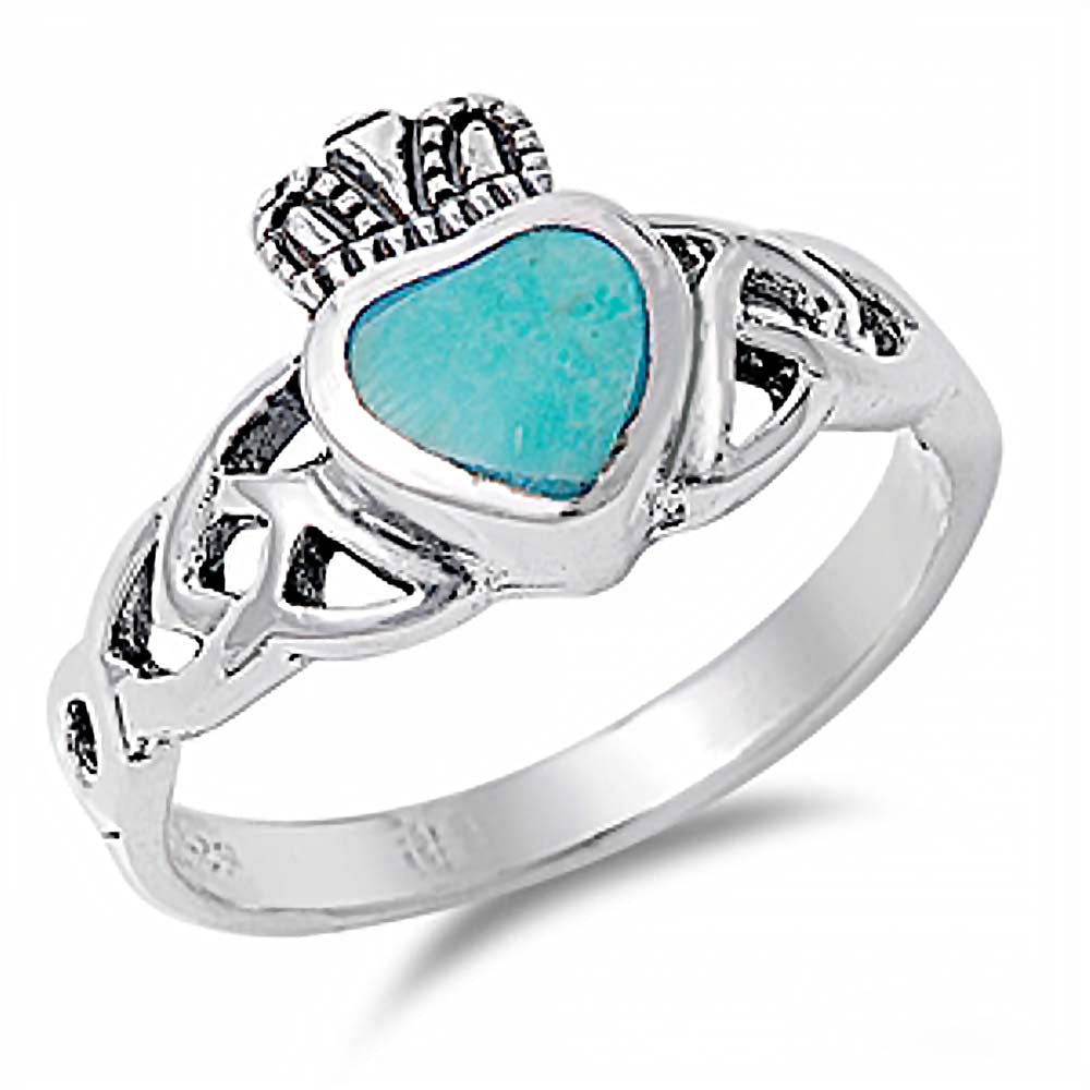 Sterling Silver Modish Celtic Knot Turquoise Stone Claddagh Heart Ring with Face Height of 11MM