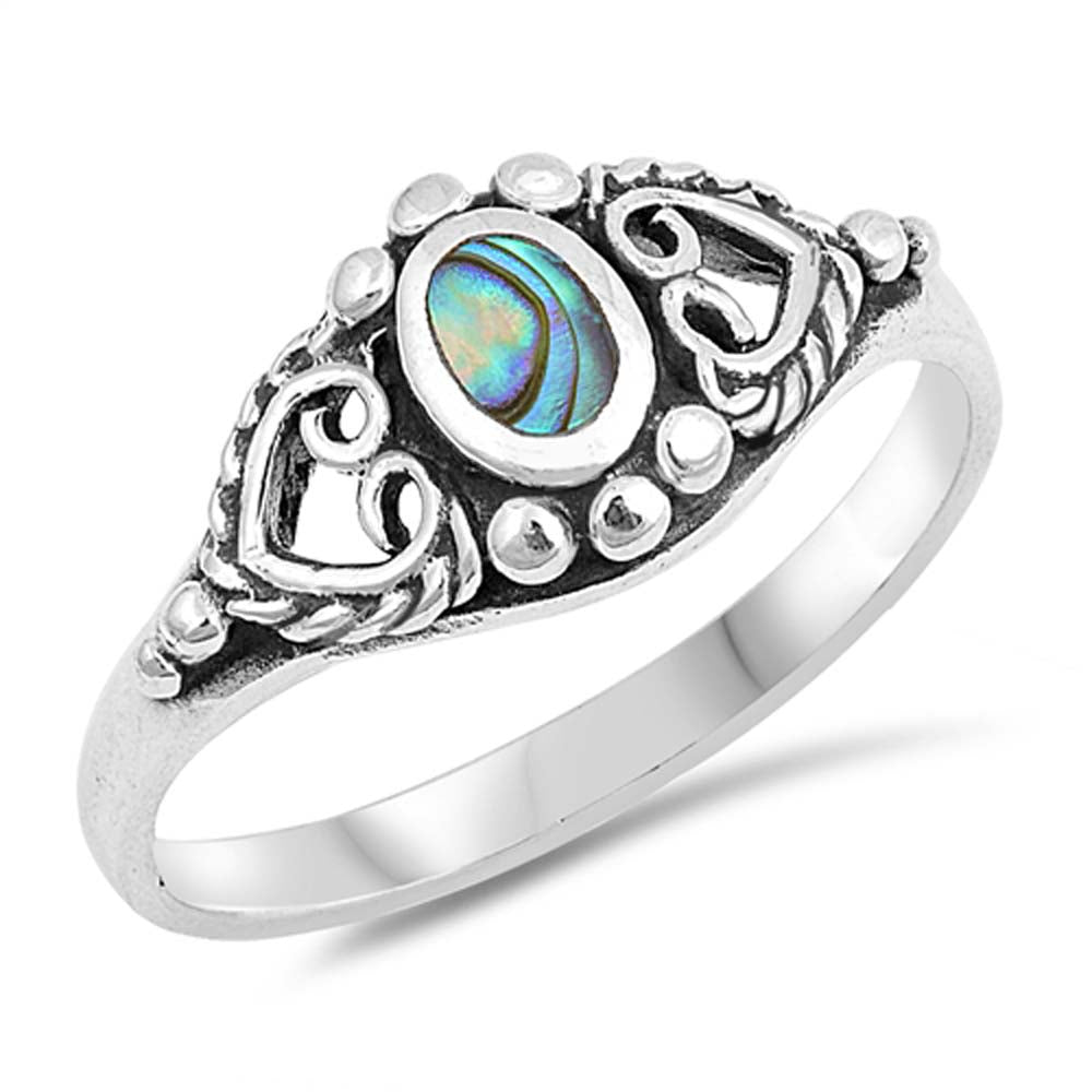 Sterling Silver Filigree Hearts With Oval Abalone Stone Ring