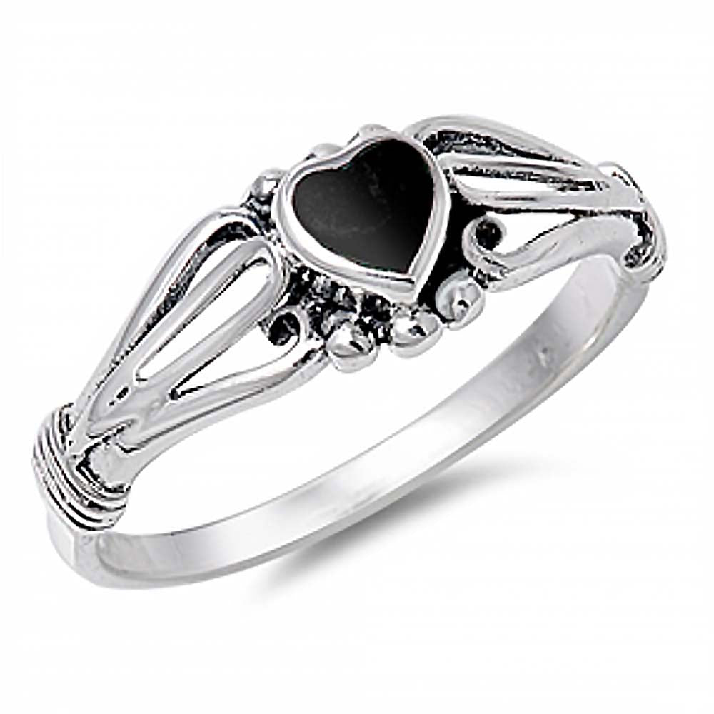 Sterling Silver Antique Style Black Stone Heart Design Ring with Face Height of 7MM