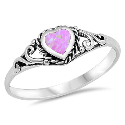 Sterling Silver Heart With Pink Lab Opal Ring