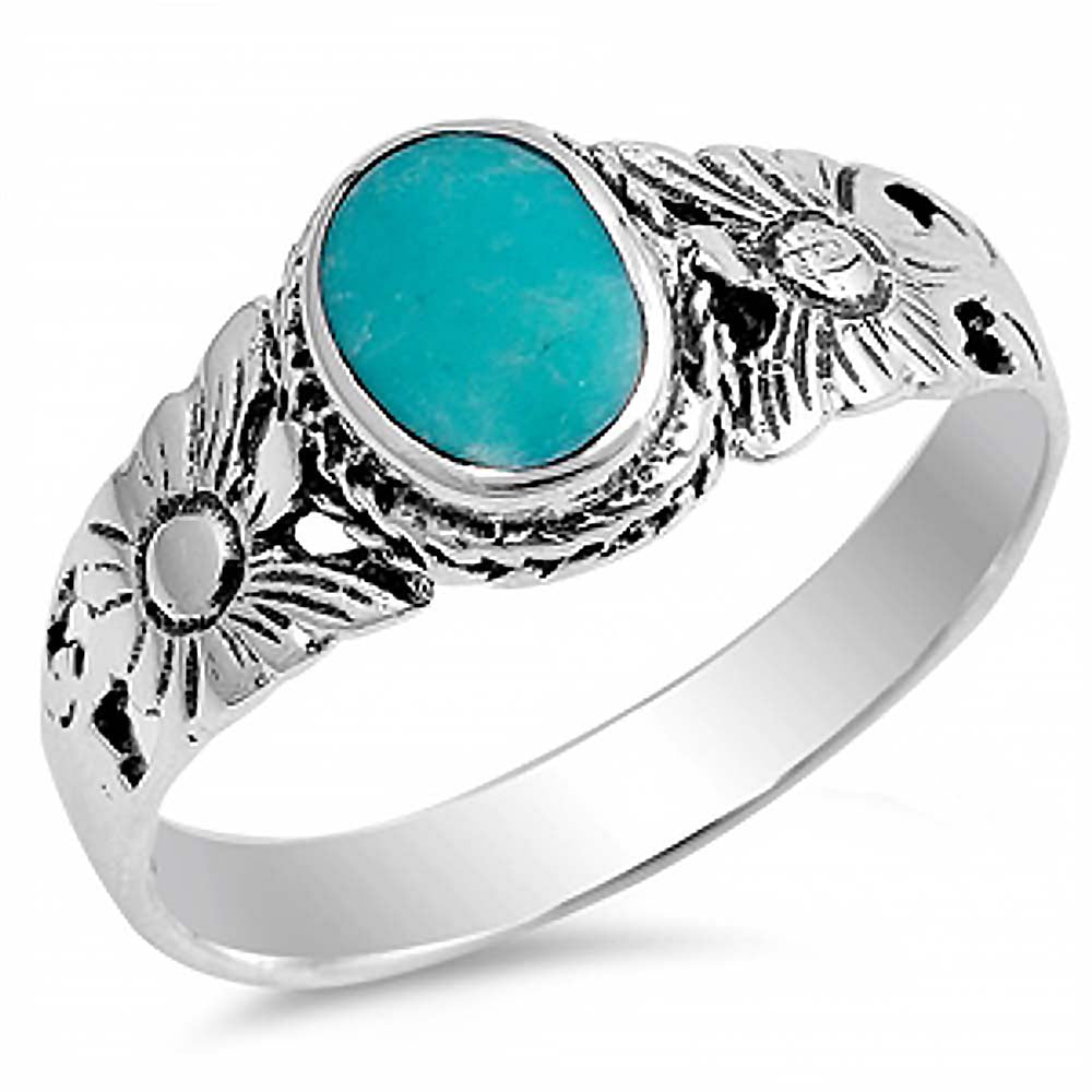 Sterling Silver Flower Design Ring with an Oval Shape Turqiouse in the CenterAnd Ring Face Height of 9MM