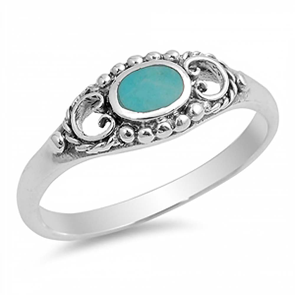 Sterling Silver Fancy Antique Design Split Band Ring with an Oval Shape Turquoise in the CenterAnd Ring Face Height of 6MM
