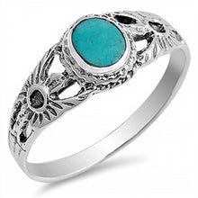 Load image into Gallery viewer, Sterling Silver Flower Design Split band Ring with a Turquoise Stone in the CenterAnd Ring Face Height of8MM