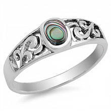 Load image into Gallery viewer, Sterling Silver Swirl Leaf Design Ring with an Oval Shape Abalone Stone in the CenterAnd Ring Face Height of 6MM