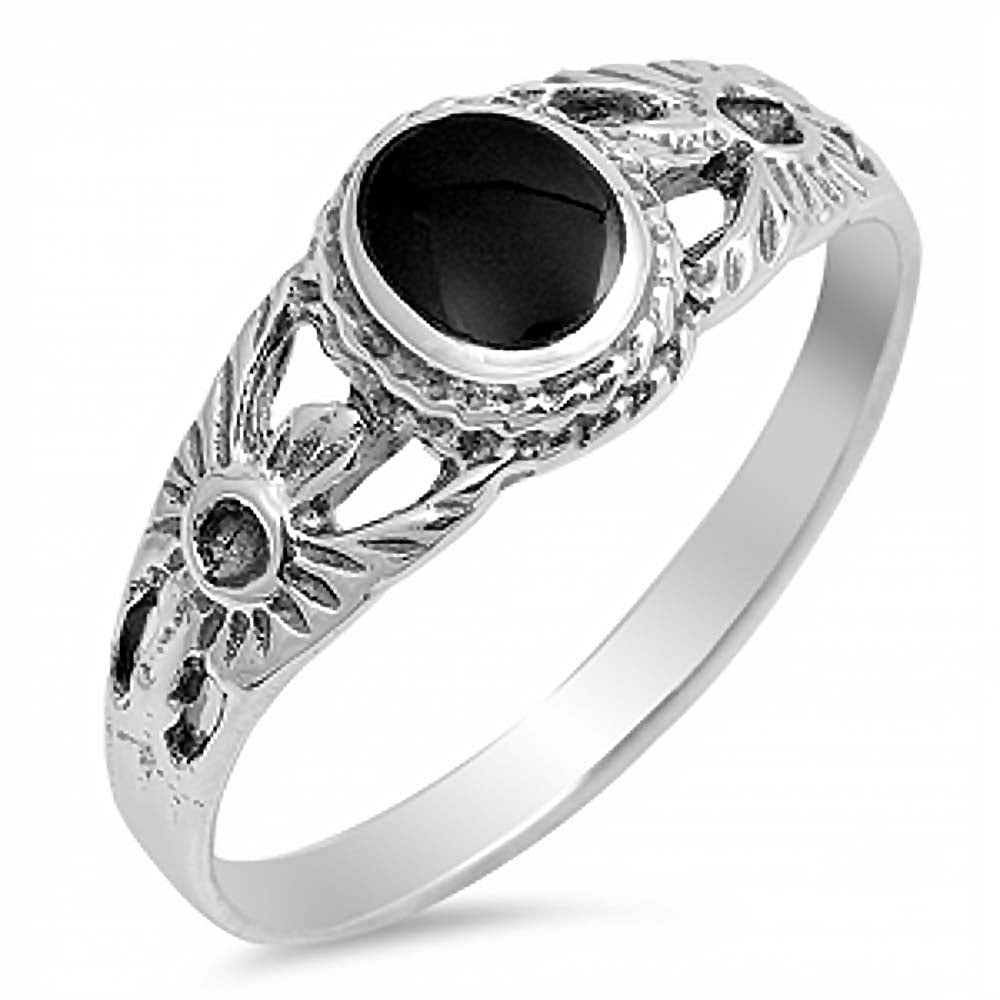 Sterling Silver Elegant Flower Design Ring with an Oval Shape Black Onyx Stone in the CenterAnd Ring Face Height of 7MM