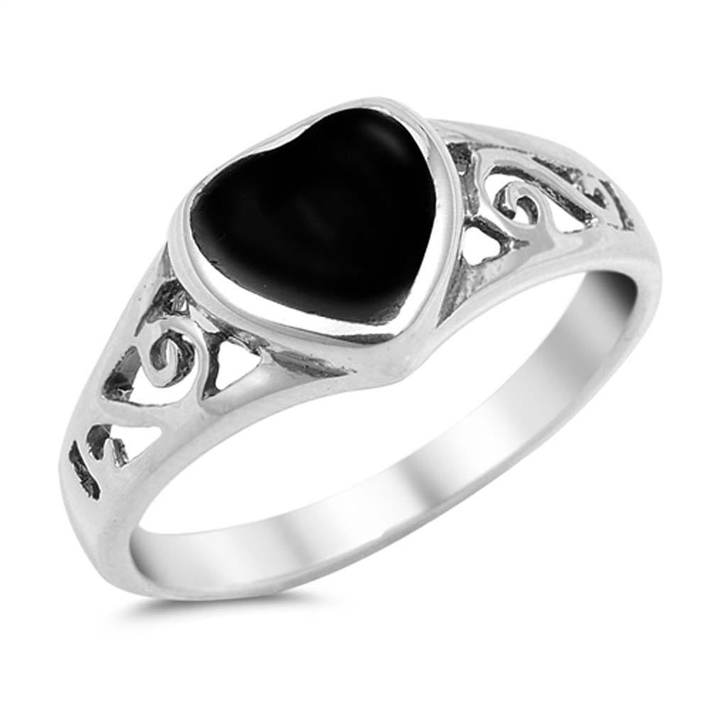 Sterling Silver Swirl Design Ring with a Heart Shape Black Onyx Stone in the Center, Ring Face height of 8MM