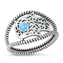 Load image into Gallery viewer, Sterling Silver Oxidized Hamsa Blue Lab Opal Ring