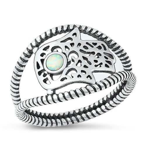Sterling Silver Oxidized Hamsa White Lab Opal Ring