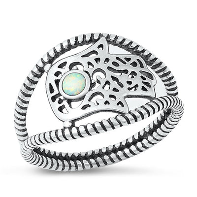 Sterling Silver Oxidized Hamsa White Lab Opal Ring