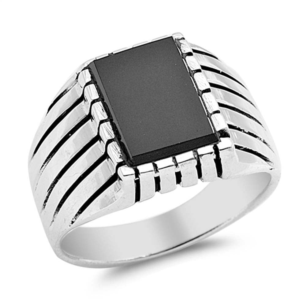 Sterling Silver Rectangle Black Agate Stone Ring