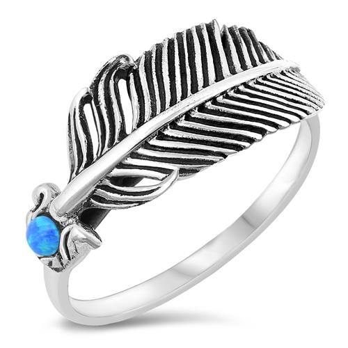 Sterling Silver oxidized Feather Blue Lab Opal Ring