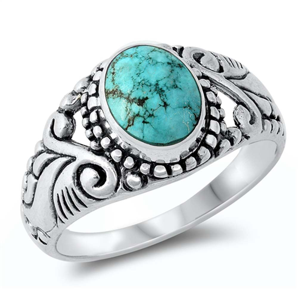 Sterling Silver Oxidized Oval Genuine Natural Turquoise Ring