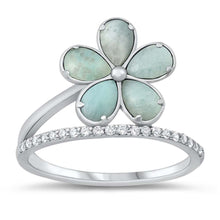 Load image into Gallery viewer, Sterling Silver Plumeria With Genuine Larimar Stone Ring