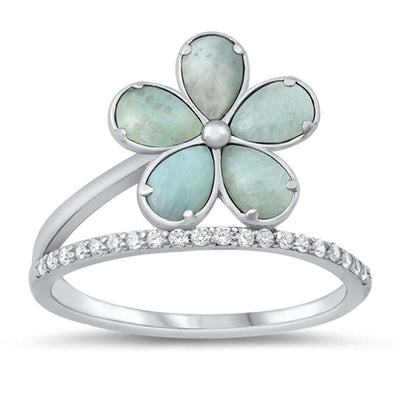 Sterling Silver Plumeria With Genuine Larimar Stone Ring