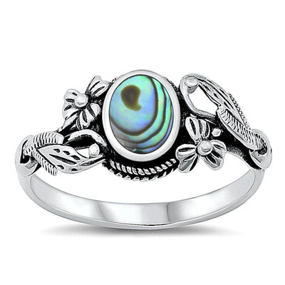 Sterling Silver Flowers Oval Abalone Stone Ring