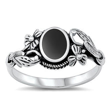 Load image into Gallery viewer, Sterling Silver Flowers Oval Black Agate Stone Ring
