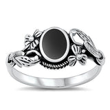 Sterling Silver Flowers Oval Black Agate Stone Ring