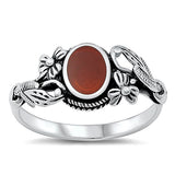 Sterling Silver Flowers Oval Red Agate Stone Ring