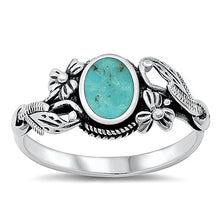 Load image into Gallery viewer, Sterling Silver Flowers Oval Simulated Turquoise Stone Ring