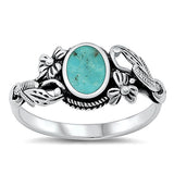 Sterling Silver Flowers Oval Simulated Turquoise Stone Ring