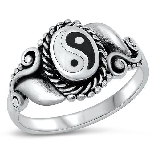 Sterling Silver Oxidized Black Agate Yin Yang Stone Ring