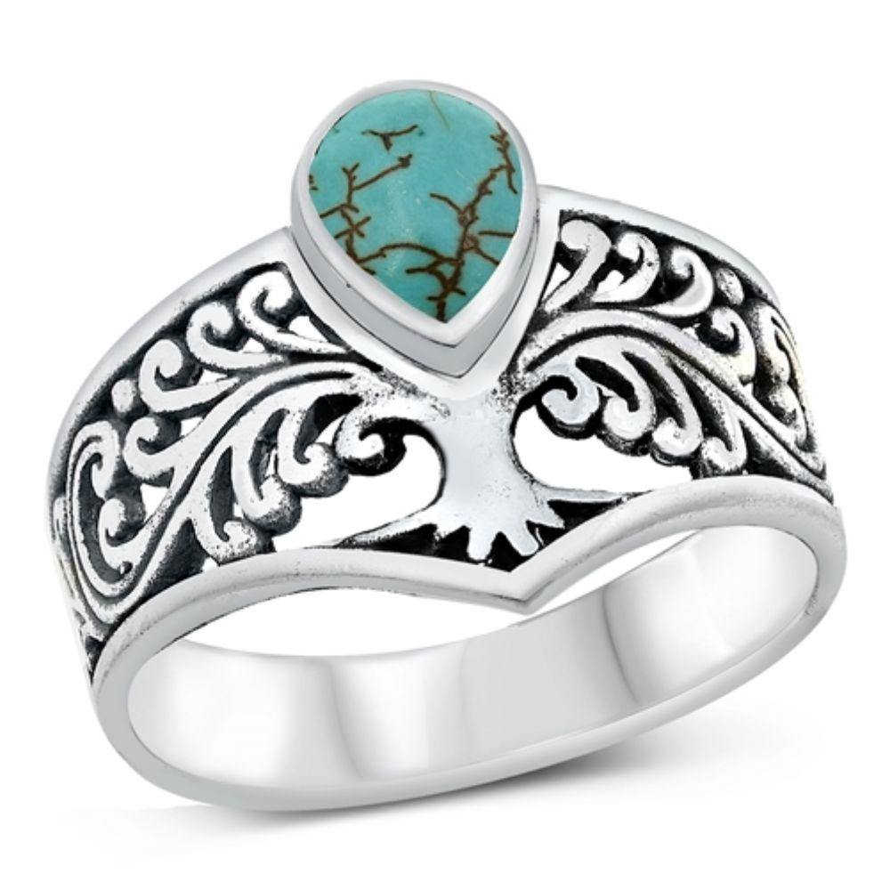 Sterling Silver Genuine Turquoise Stone Tree Ring - silverdepot