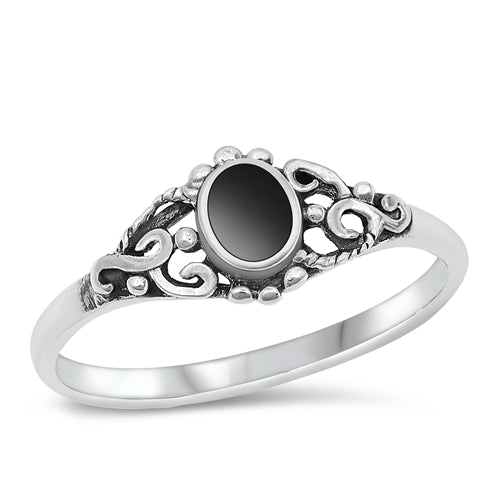 Sterling Silver Oxidized Crown Black Agate Stone Ring