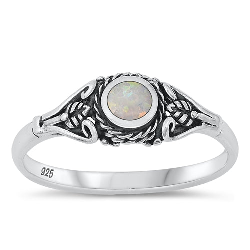 Sterling Silver White Lab Opal Leaf Design Ring