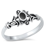 Sterling Silver Flowers Black Agate Stone Ring