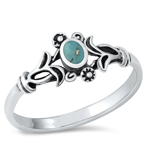 Sterling Silver Flowers Genuine Turquoise Stone Ring