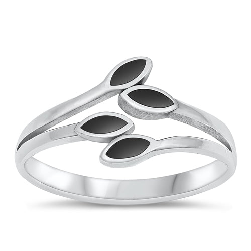 Sterling Silver Oxidized Leaves Black Agate Stone Ring