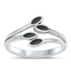 Sterling Silver Oxidized 10.8mm Leaves Black Agate Stone Ring