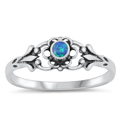 Sterling Silver Floral Blue Lab Opal Ring