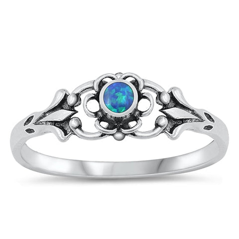 Sterling Silver Floral Blue Lab Opal Ring