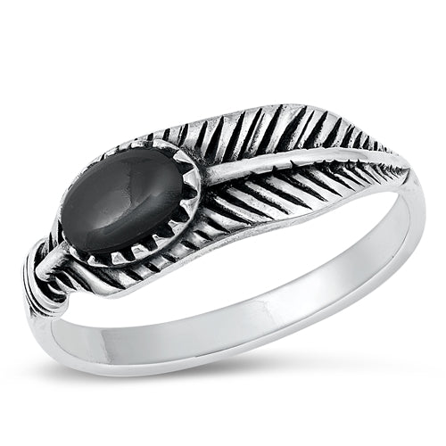 Sterling Silver Leaf Black Agate Stone Ring