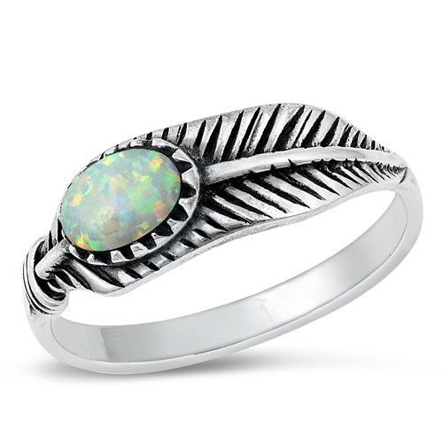 Sterling Silver Feather White Lab Opal Ring