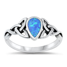 Load image into Gallery viewer, Sterling Silver Celtic Teardrop Blue Lab Opal Ring