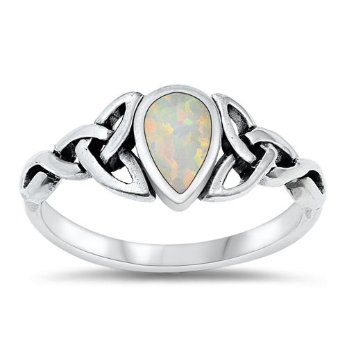 Sterling Silver Celtic Teardrop White Lab Opal Ring