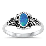 Sterling Silver Crown Oval Blue Lab Opal Stone Ring