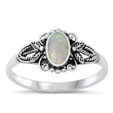 Sterling Silver Crown Oval White Lab Opal Stone Ring