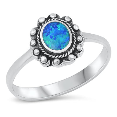 Sterling Silver Flower Oval Blue Lab Opal Ring