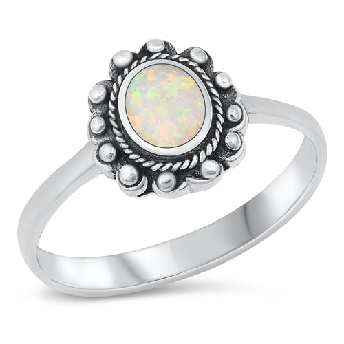 Sterling Silver Flower Oval White Lab Opal Ring