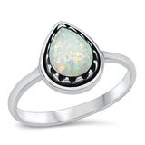 Sterling Silver Teardrop White Lab Opal Ring