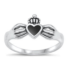 Sterling Silver Oxidized Claddagh Black Agate Stone Ring