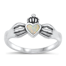 Load image into Gallery viewer, Sterling Silver Oxidized Claddagh White Lab Opal Ring