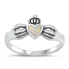 Sterling Silver Oxidized Claddagh White Lab Opal Ring